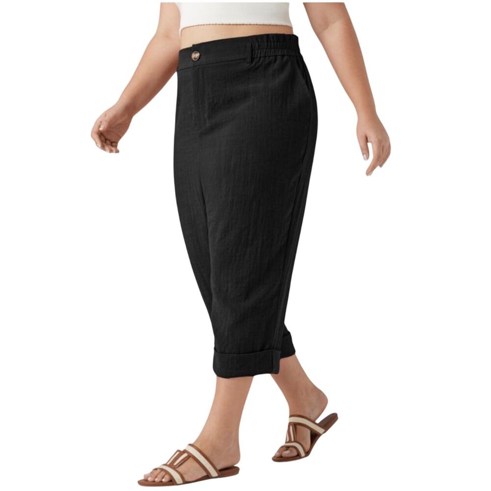 Halara Women’s Black Linen-Feel Paperbag Waist Cropped Capri Pants Plus SZ 2X